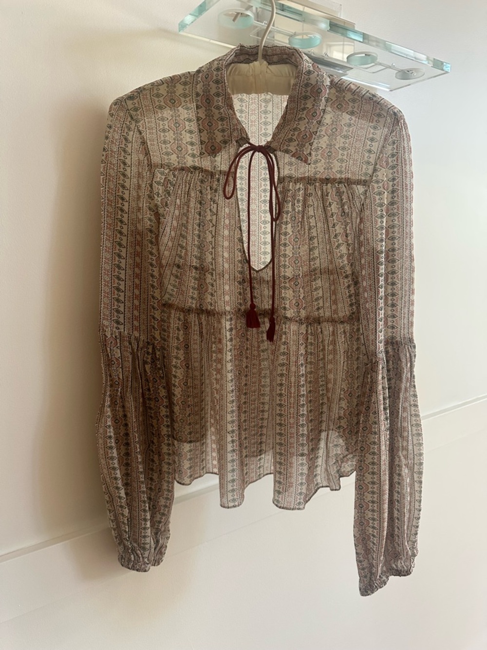 Sheer Geometric Tie-Neck Blouse in Taupe